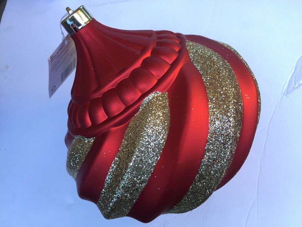 Red & Gold Glittery Christamas Tree 8 inch Bulb Ornament Shatterproof Home Depot