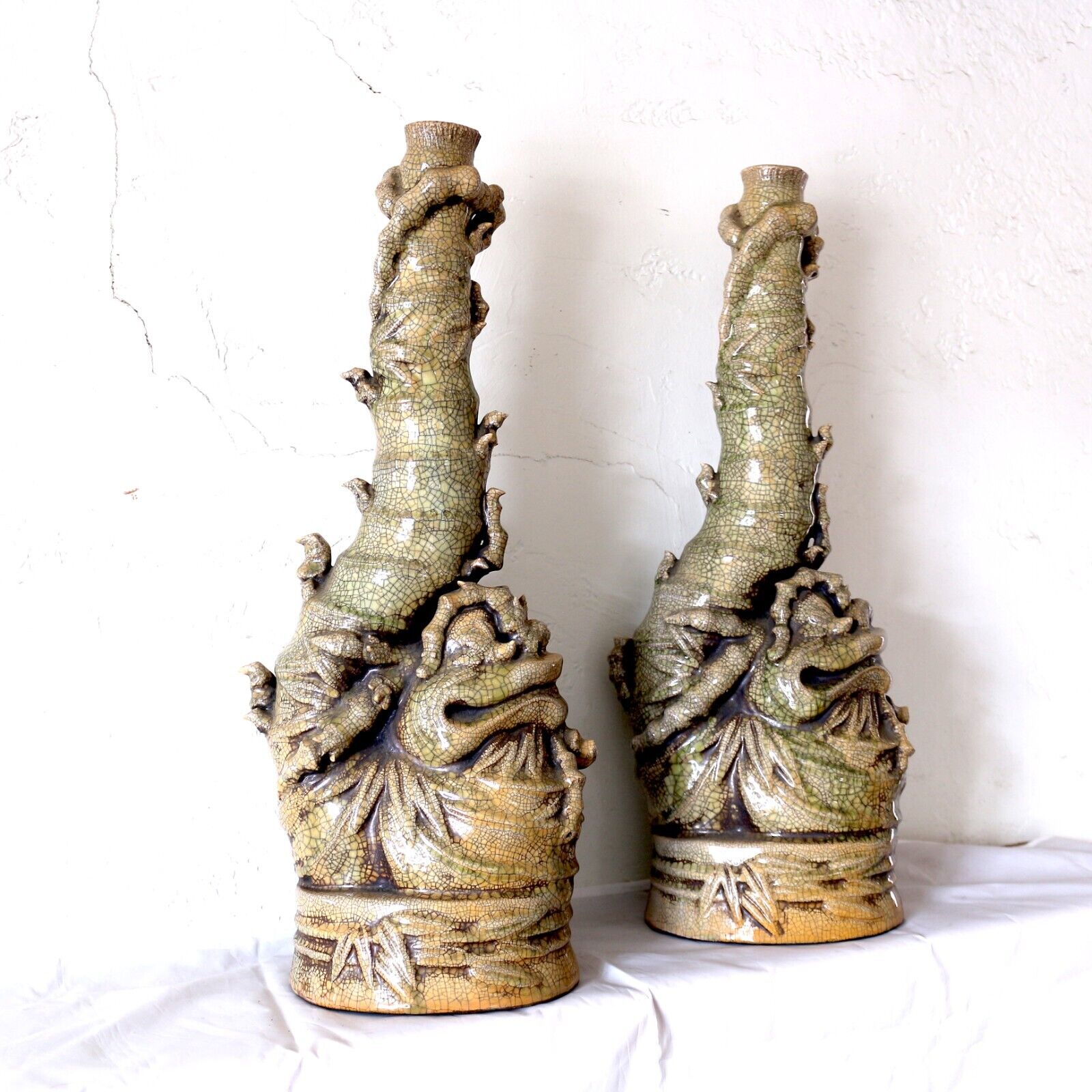 Pair Of Vintage Glazed Chinese  Ceramic Candle Holders 