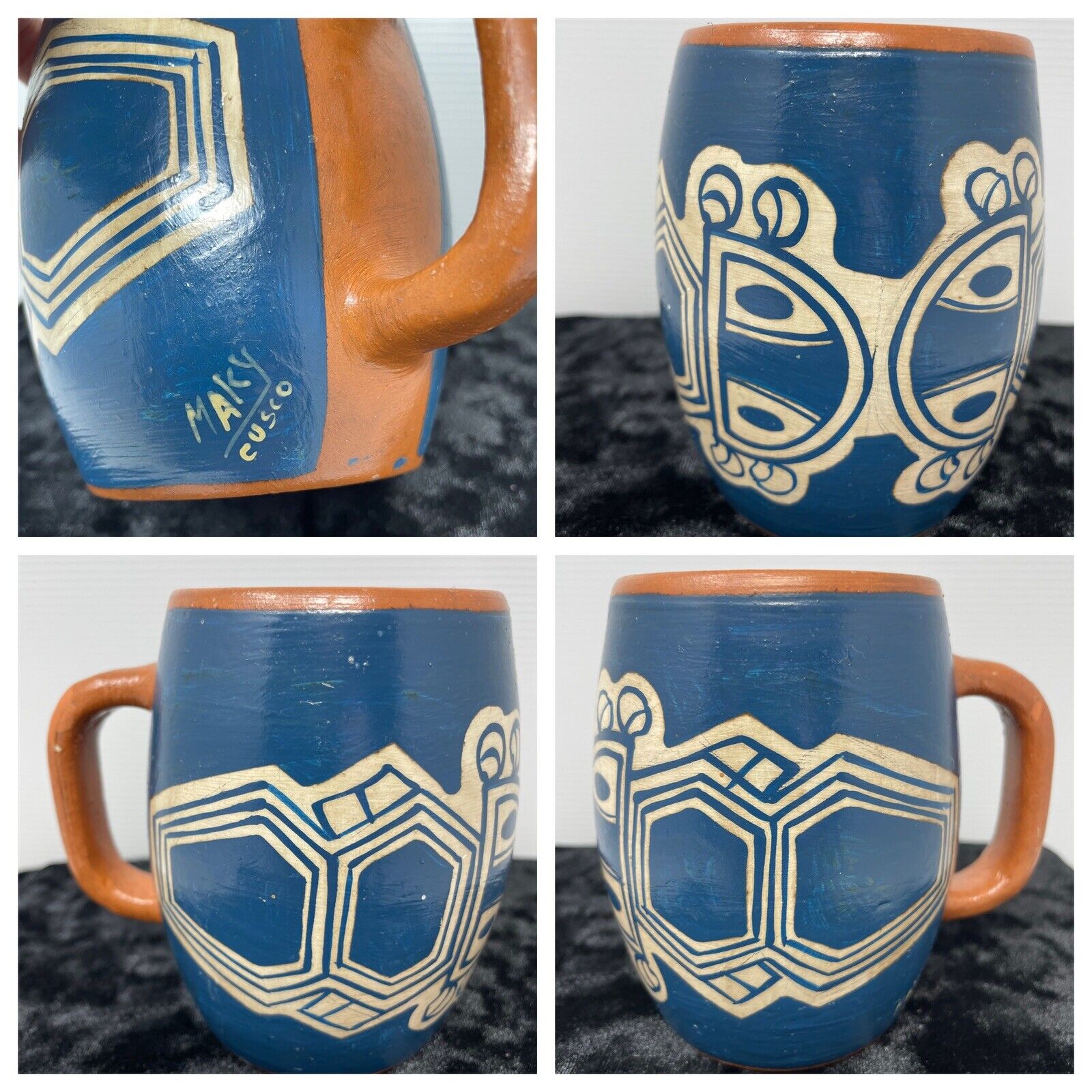 Vintage Maky Cusco Peruvian Inca Pottery Coffee Mug Snake Rare OOAK Folk art