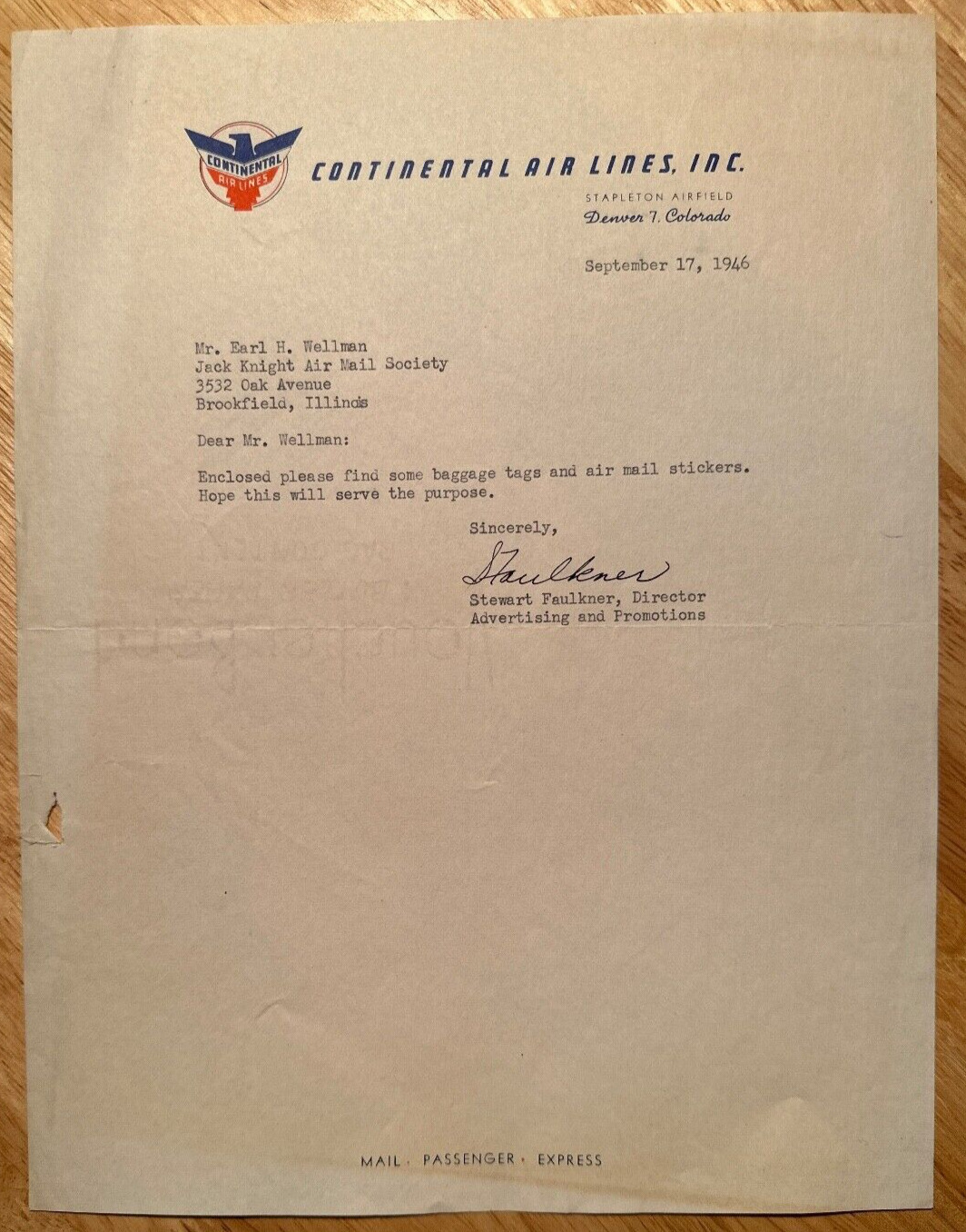 Continental Airlines - 1946 Denver, CO. vintage business letter