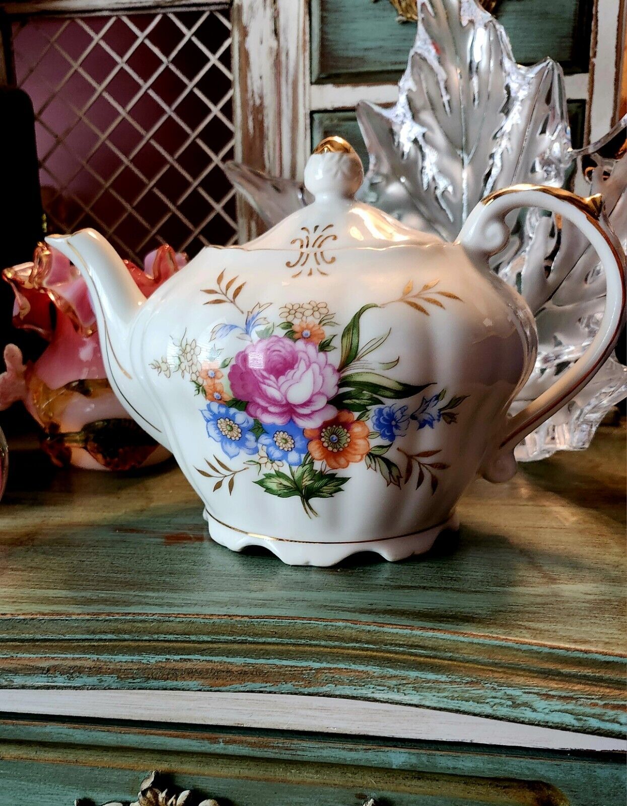 Working Montgomery Ward Vintage Floral Musical Tea Pot 16 Oz Rare FIND