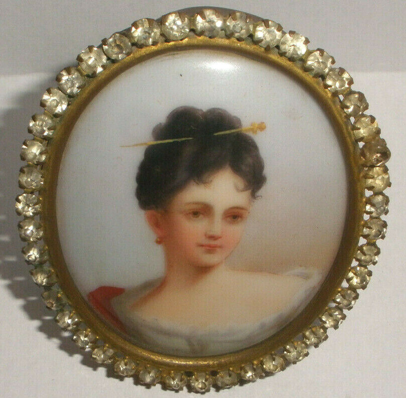 Antique painted woman miniature portrait porcelain plaque A.M.W frame 24k G.F 