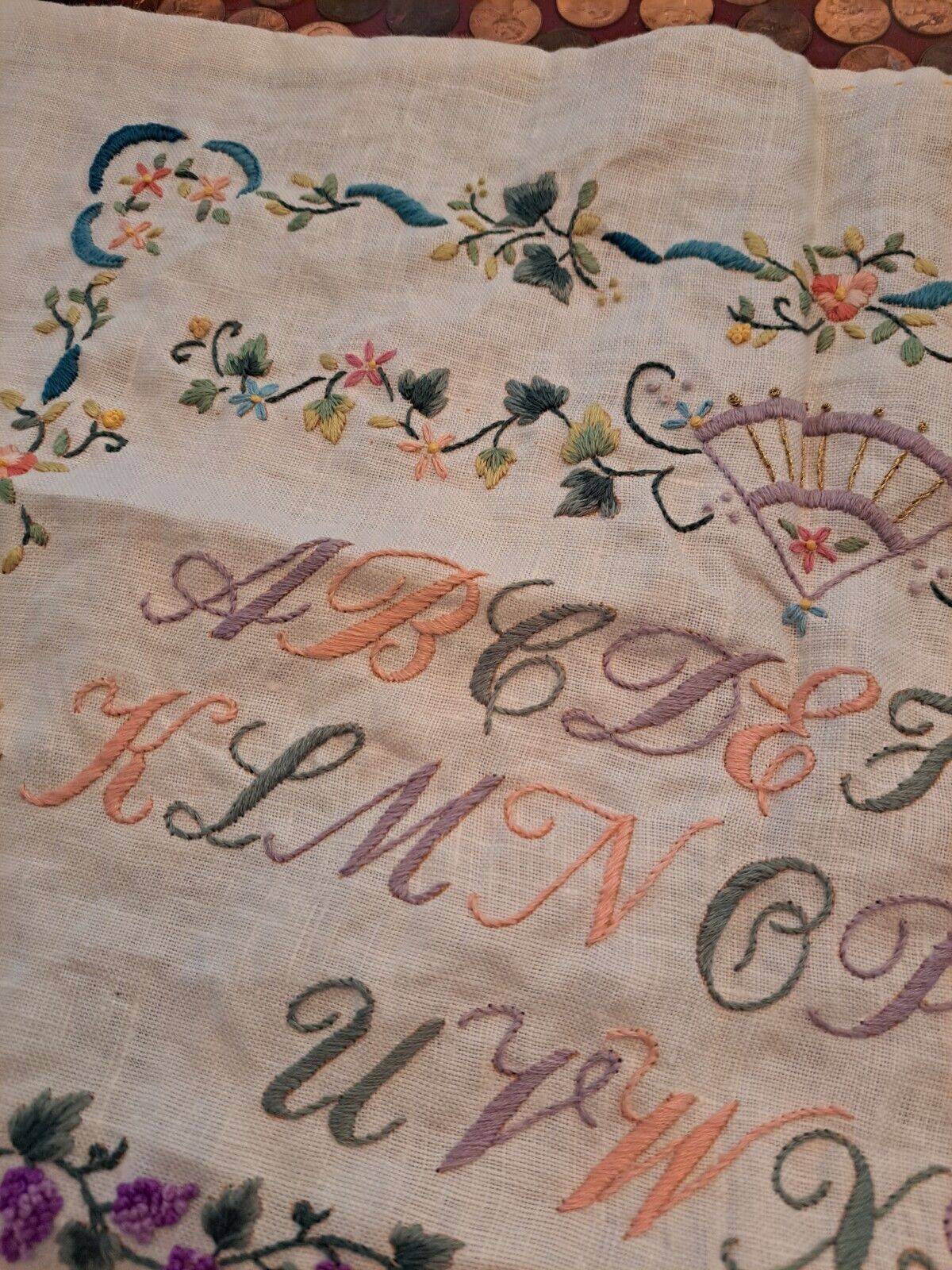 Embroidered Alphabet With Floral Border Vintage On Linen 21 X 18 Unframed