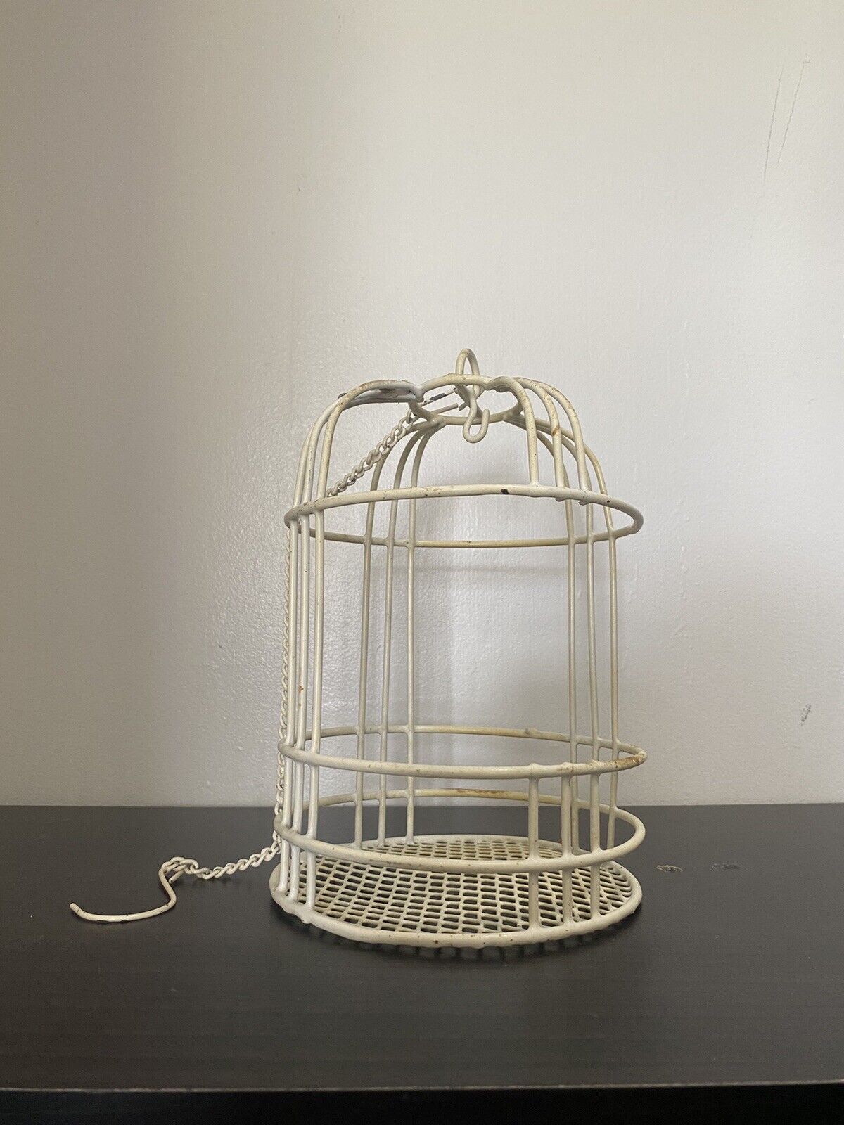 Vintage Distressed Metal Bird Cage Feeder White Hanging