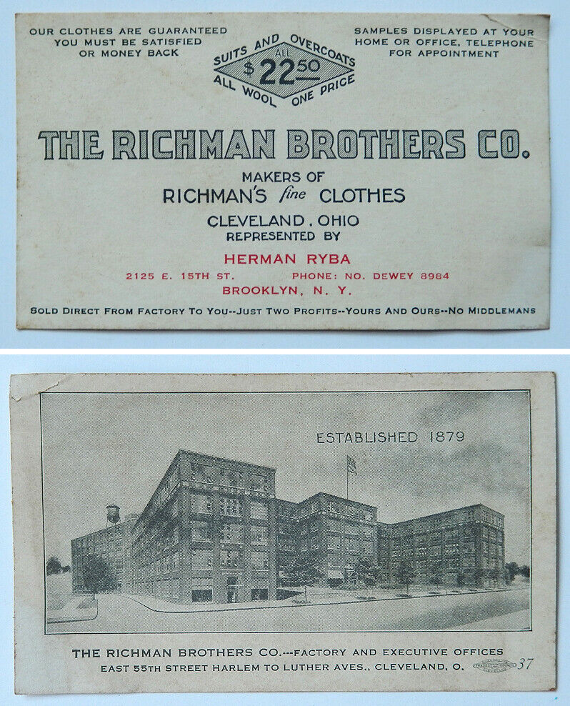 RICHMAN BROTHERS OHIO CLEVELAND JEWISH BUSINESS CARD ADVERT BROOKLYN NY 1920\'S 