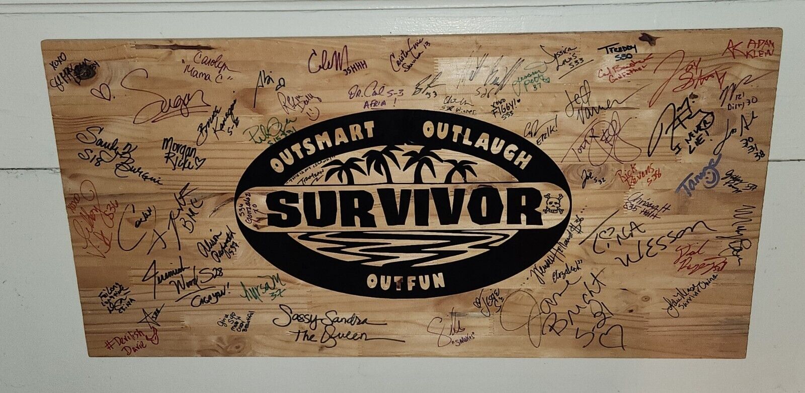 huge wooden board autographed by Survivors CBS Sandra Todd  Tina
