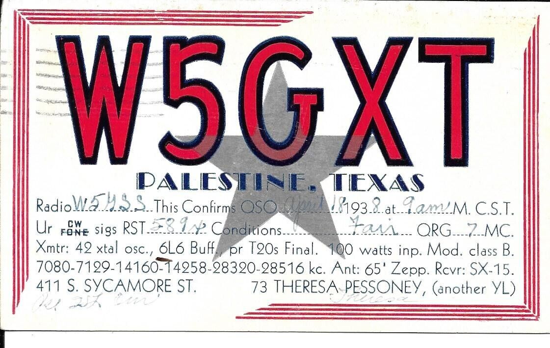 QSL  1935 Palestine Texas Thereasa Pessoney    radio card