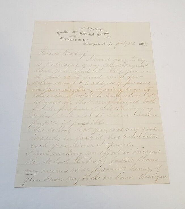 Vtg 1878 English And Classical School Flemington NJ L.N. Leigh Principal Letter
