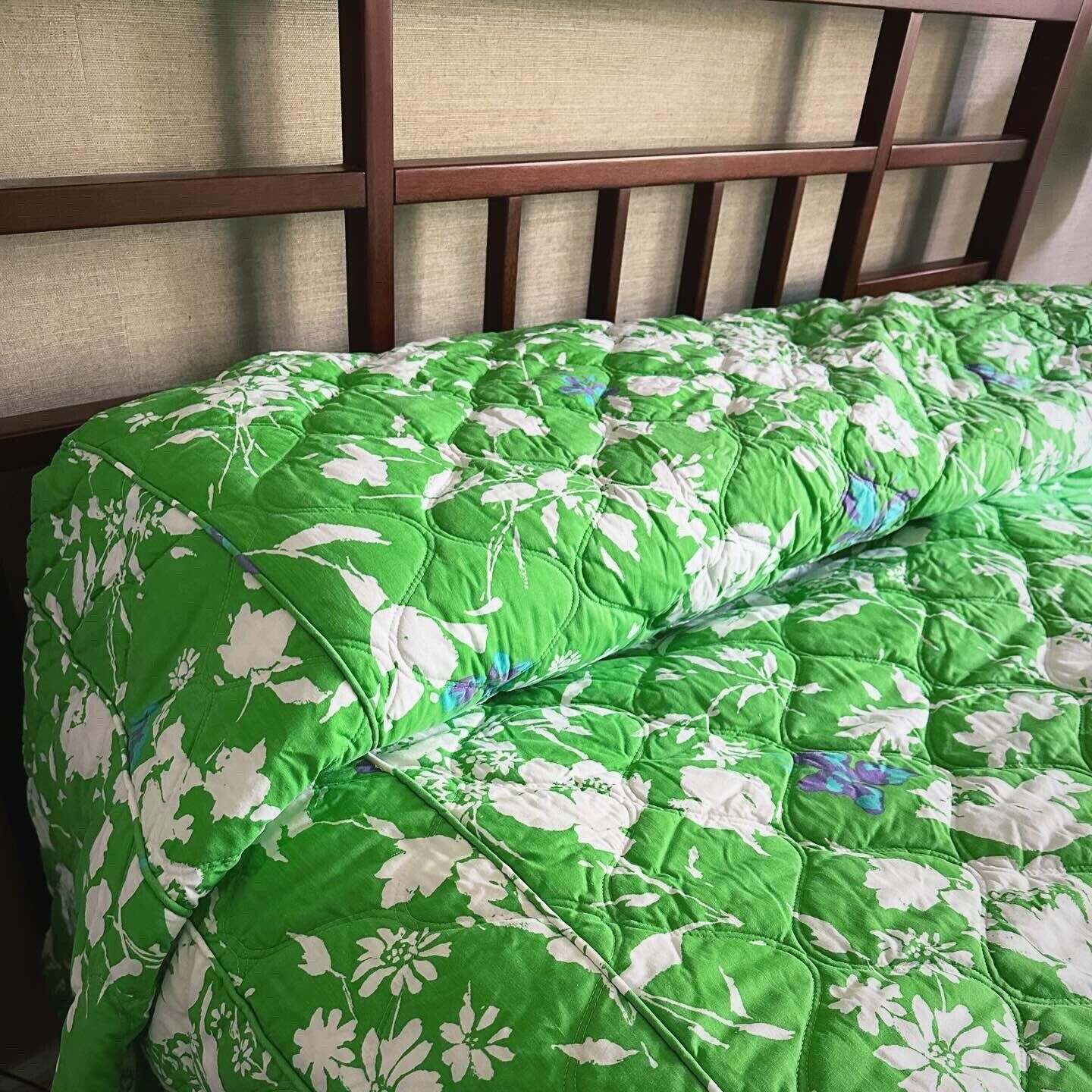 Vintage 1960s Green Floral Butterfly Twin Quilted Bedspread Set - Fieldcrest