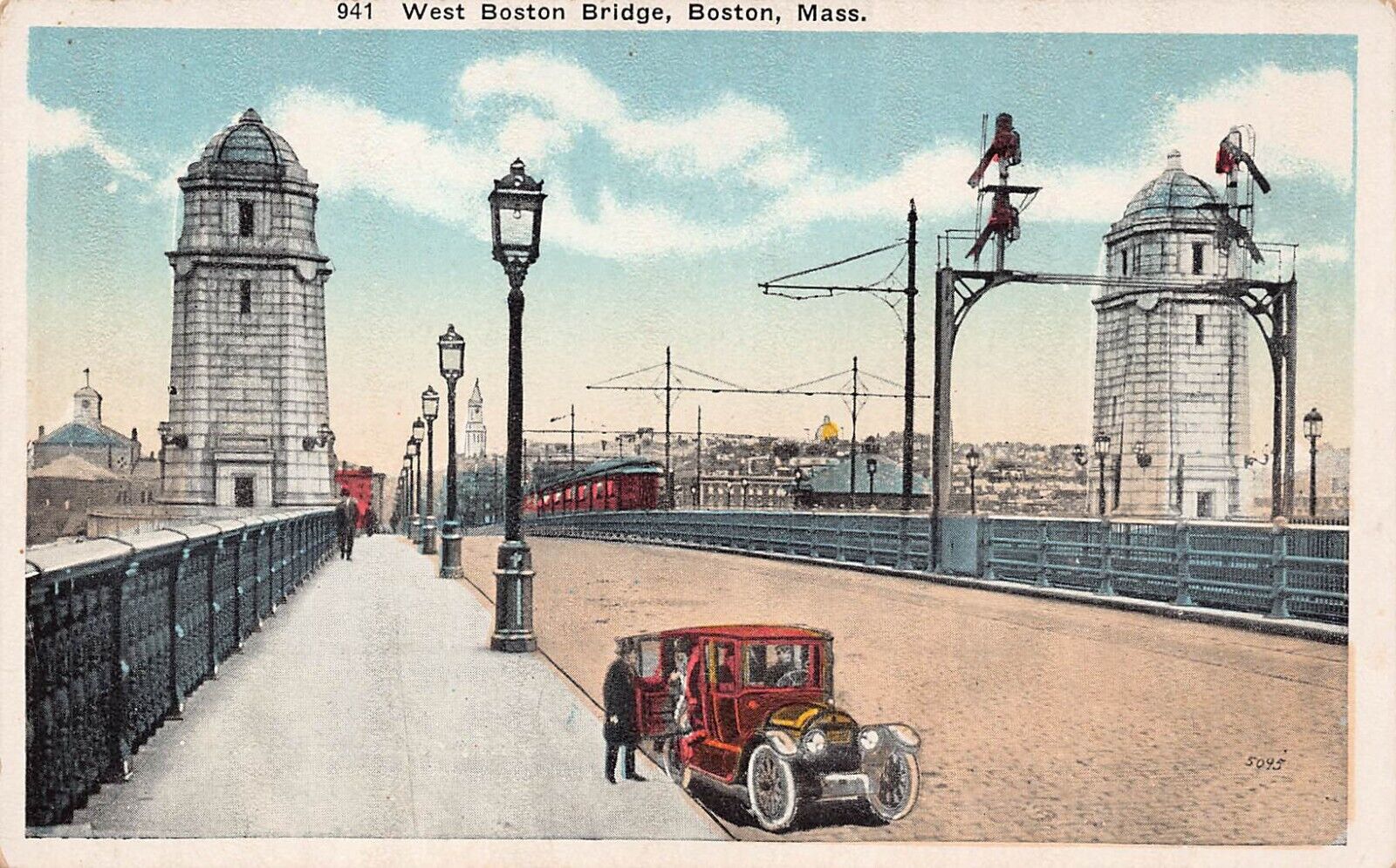 West Boston MA Longfellow Bridge Trolley Boston Cambridge Vtg Postcard D2