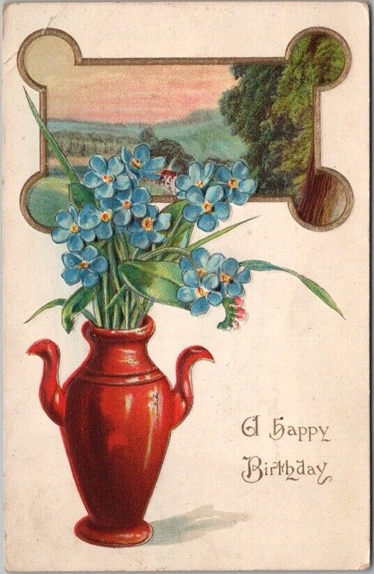 Vintage 1917 HAPPY BIRTHDAY Embossed Postcard Landscape / Forget Me Not Flowers