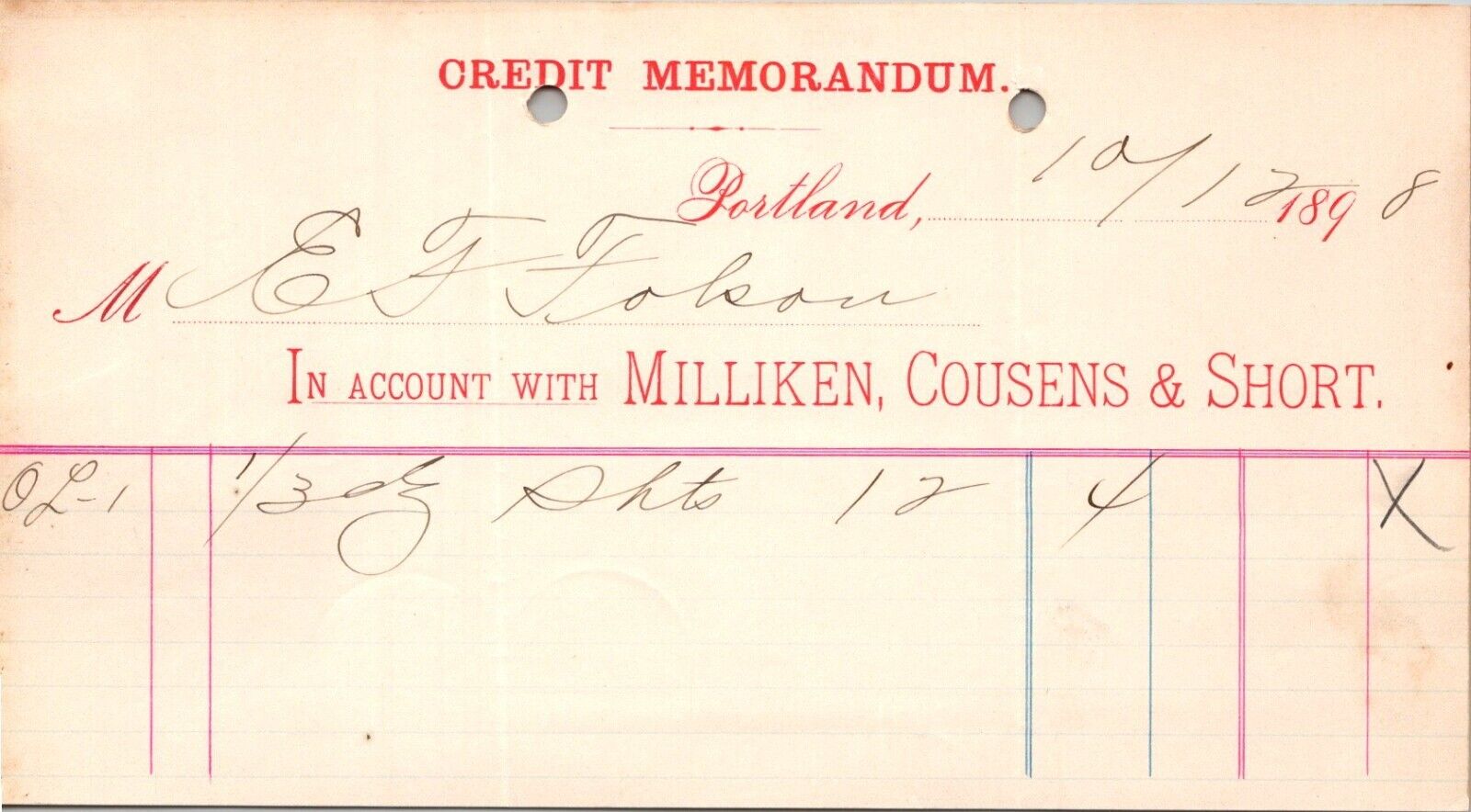 1898 MILLIKEN COUSINS SHORT WHOLESALE DRY GOODS CLOTHING MFR PORTLAND ME CV361