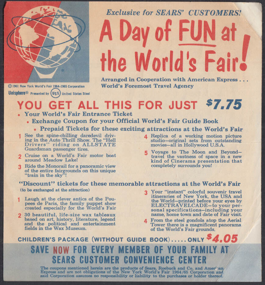 Sears A Day of Fun at the NY World\'s Fair Allstate Hell Drivers flyer 1964