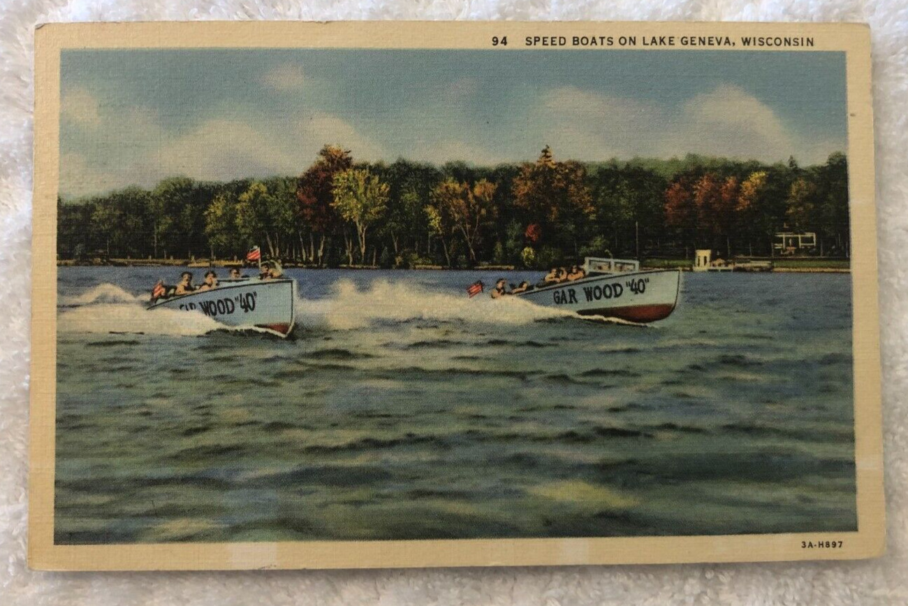 Post Card, Speed Boats on Lake Geneva, Wisconsin, Posted 1938