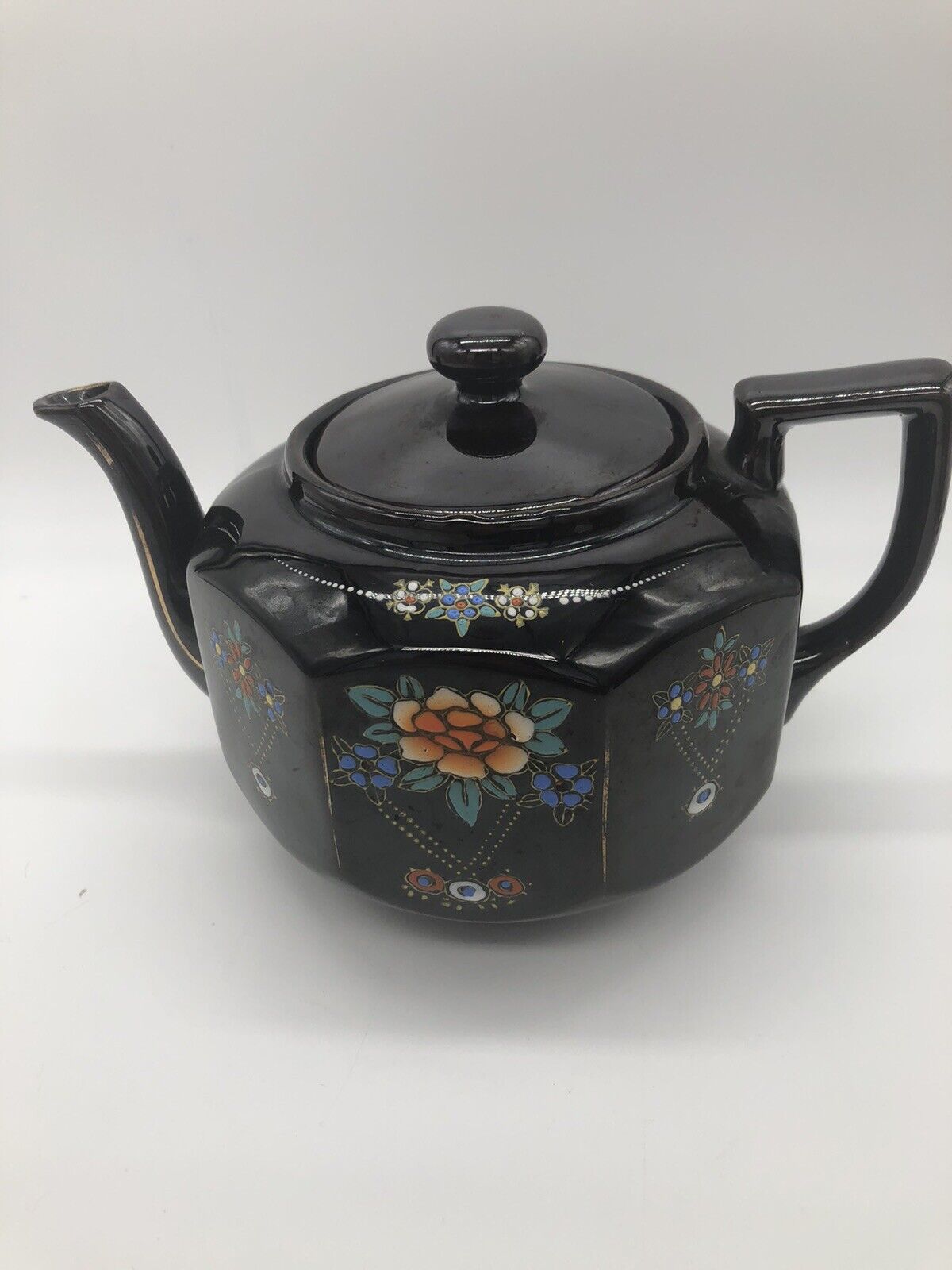 Teapot Vintage Moriage Redware  Pottery Japan Brown Betty Hand painted