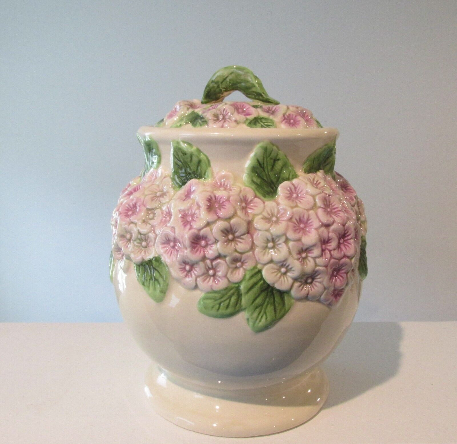 Hydrangea Floral Ceramic Canister Cookie Jar w Lid - Pink Flowers Leaf Knob