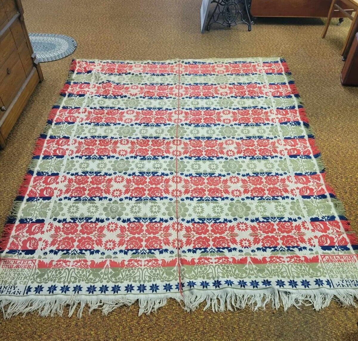 1845 JAQUARD WOVEN COVERLET 4 COLOR SIGNED M UMBARGER MIDDLE PAXTON TOWNSHIP PA