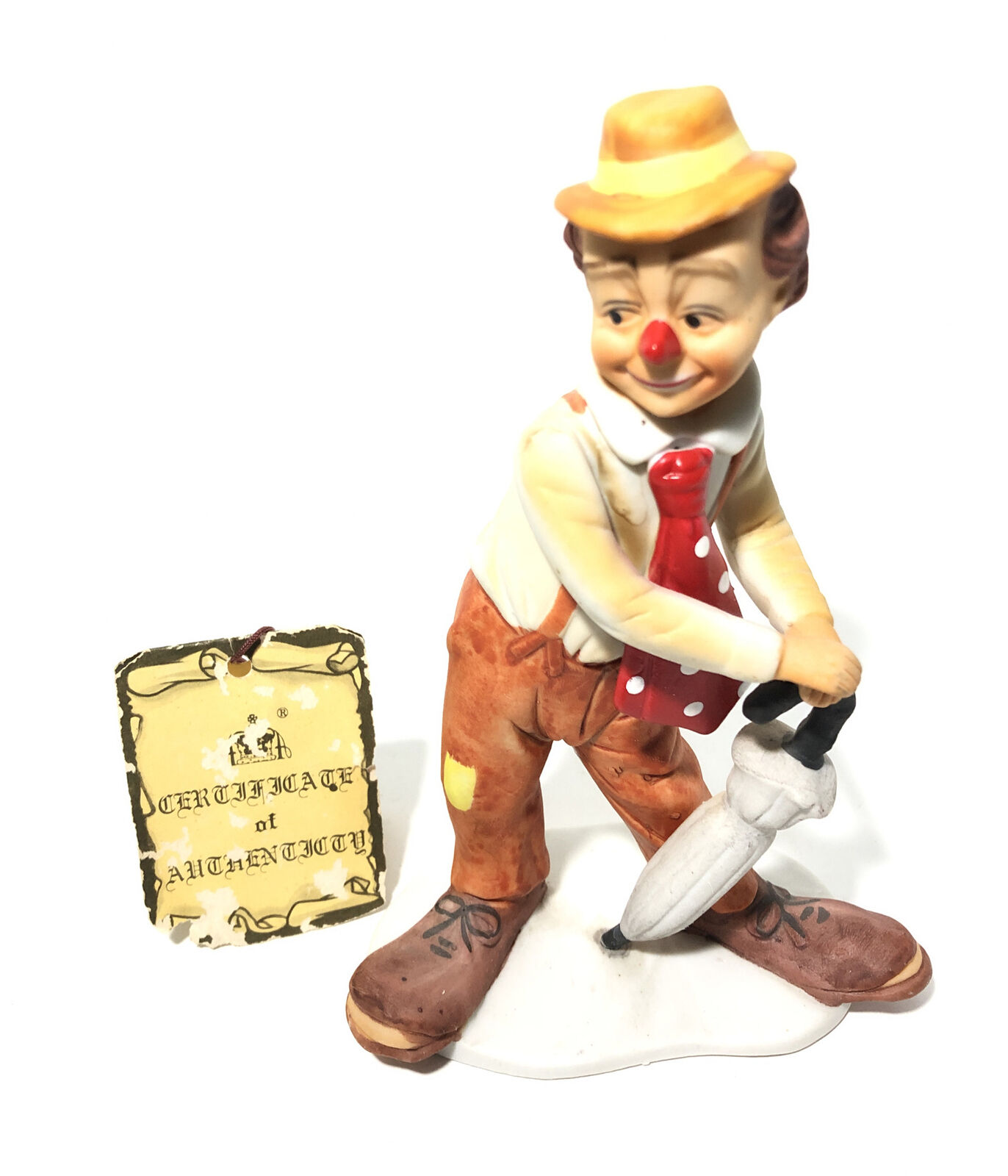 Vintage 1984 Arnart 6.5” Hobo Clown W/Umbrella Ceramic Statue Figurine W/ C.O.A