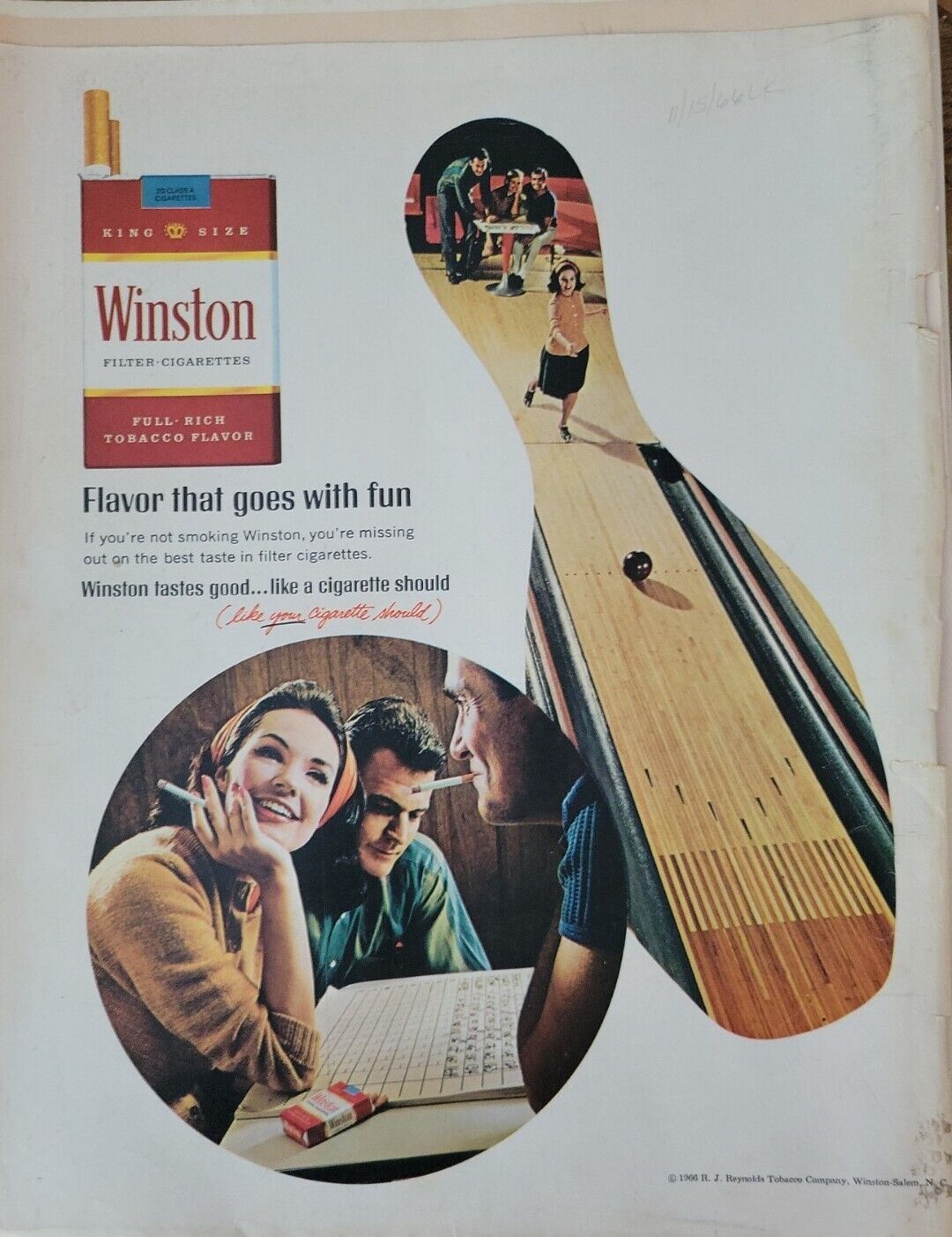 1966 Winston  Cigarettes Man Woman  smoking Bowling Alley vintage ad