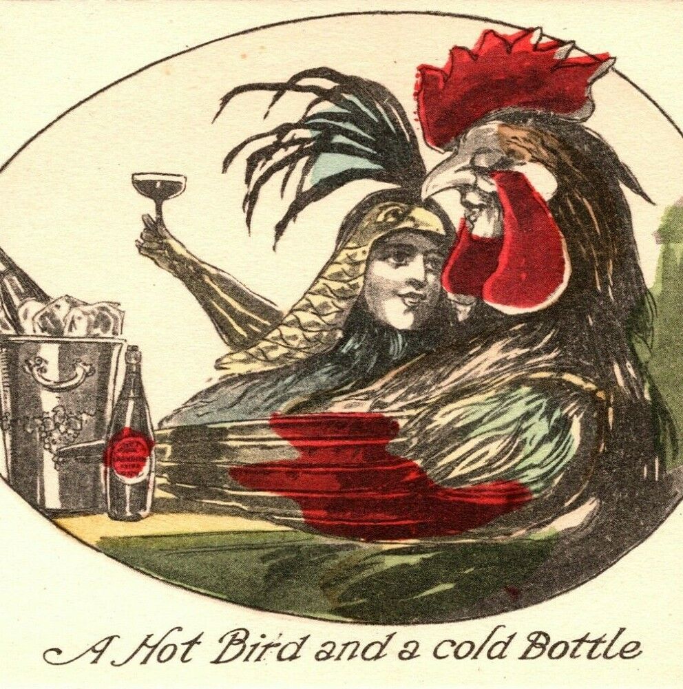c1910 Anthropomorphic Hot Bird Pun Chicken Woman Champagne Hand Colored Postcard