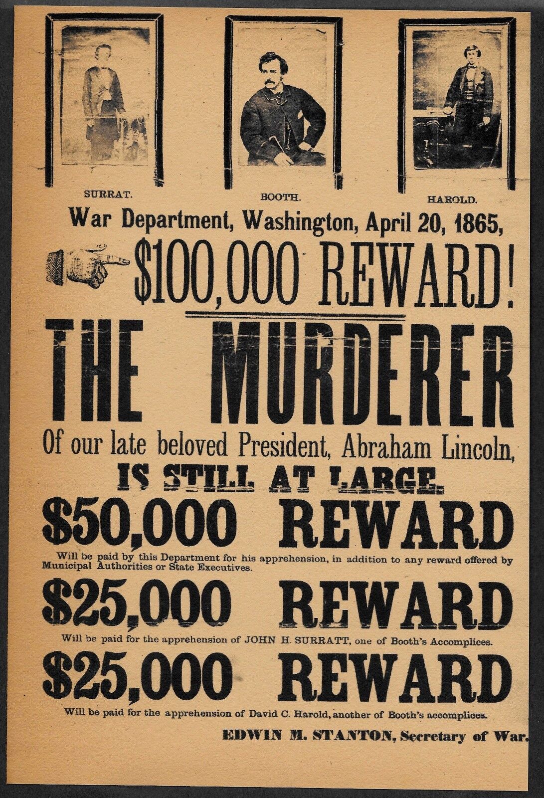 John Wilkes Booth Wanted Poster Reprint On 100 Year Old Paper *170