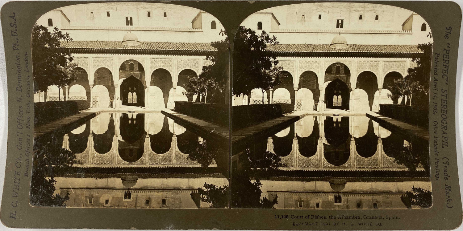 White, Stereo, Spain, Granada, the Alhambra, Court of Fishes Vintage Stereo Card