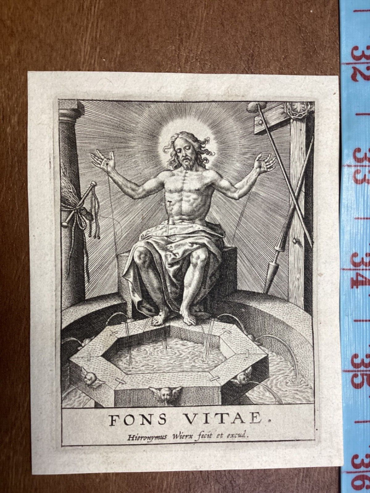 Antique Engraving Religious Print c. 1600  Blood Christ Wine Press