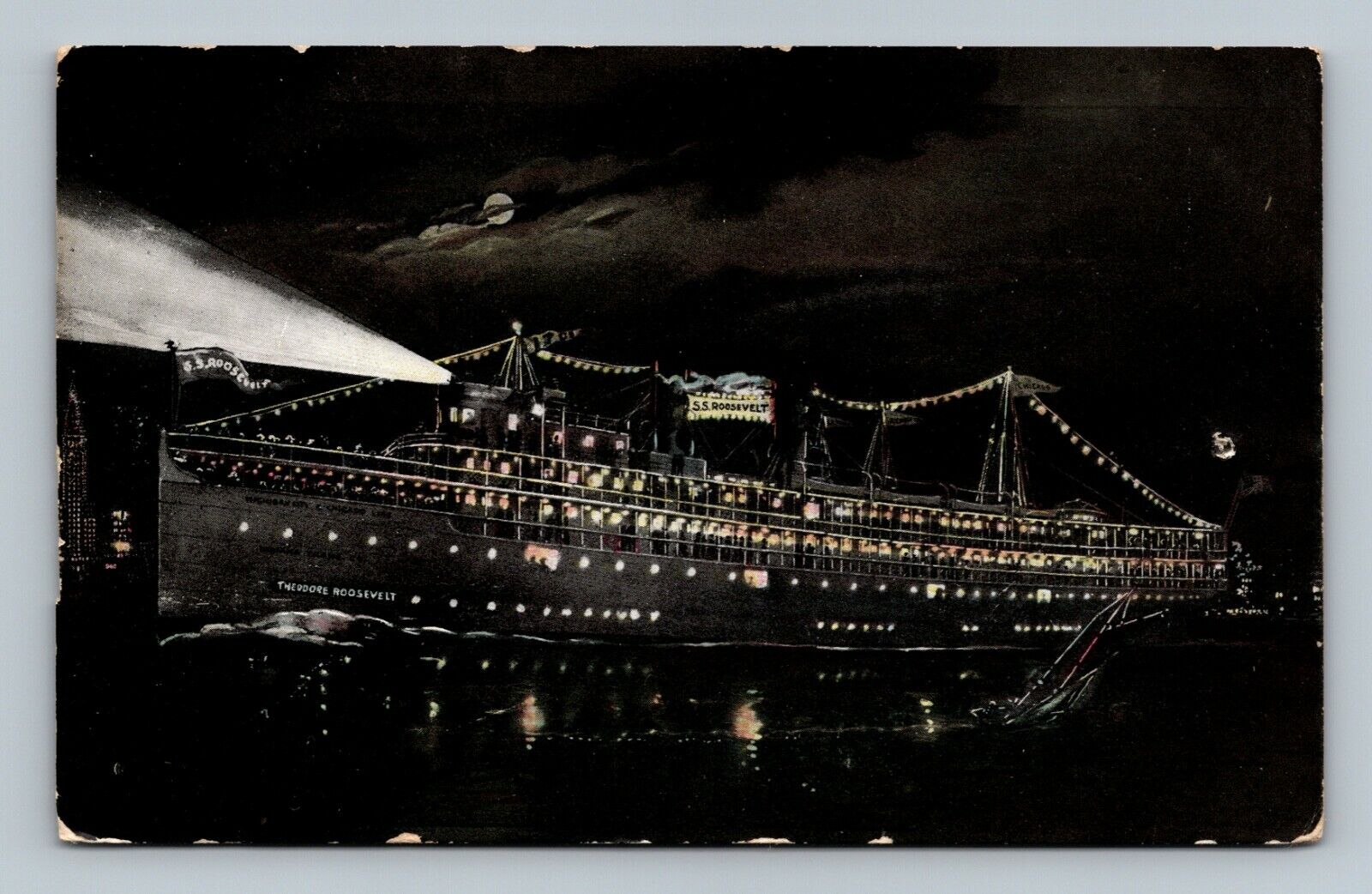 Postcard SS Roosevelt at Night