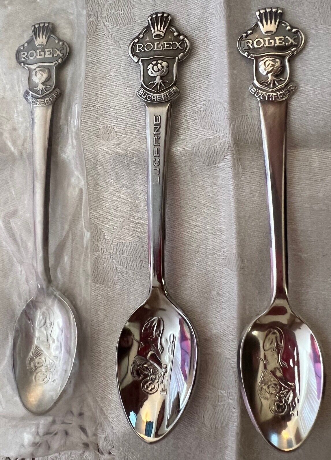 3 ROLEX BUCHERER SPOONS ~ 1 BRAND NU IN PLASTIC ~ 2  POSSIBLY LIGHTLY USED(?)