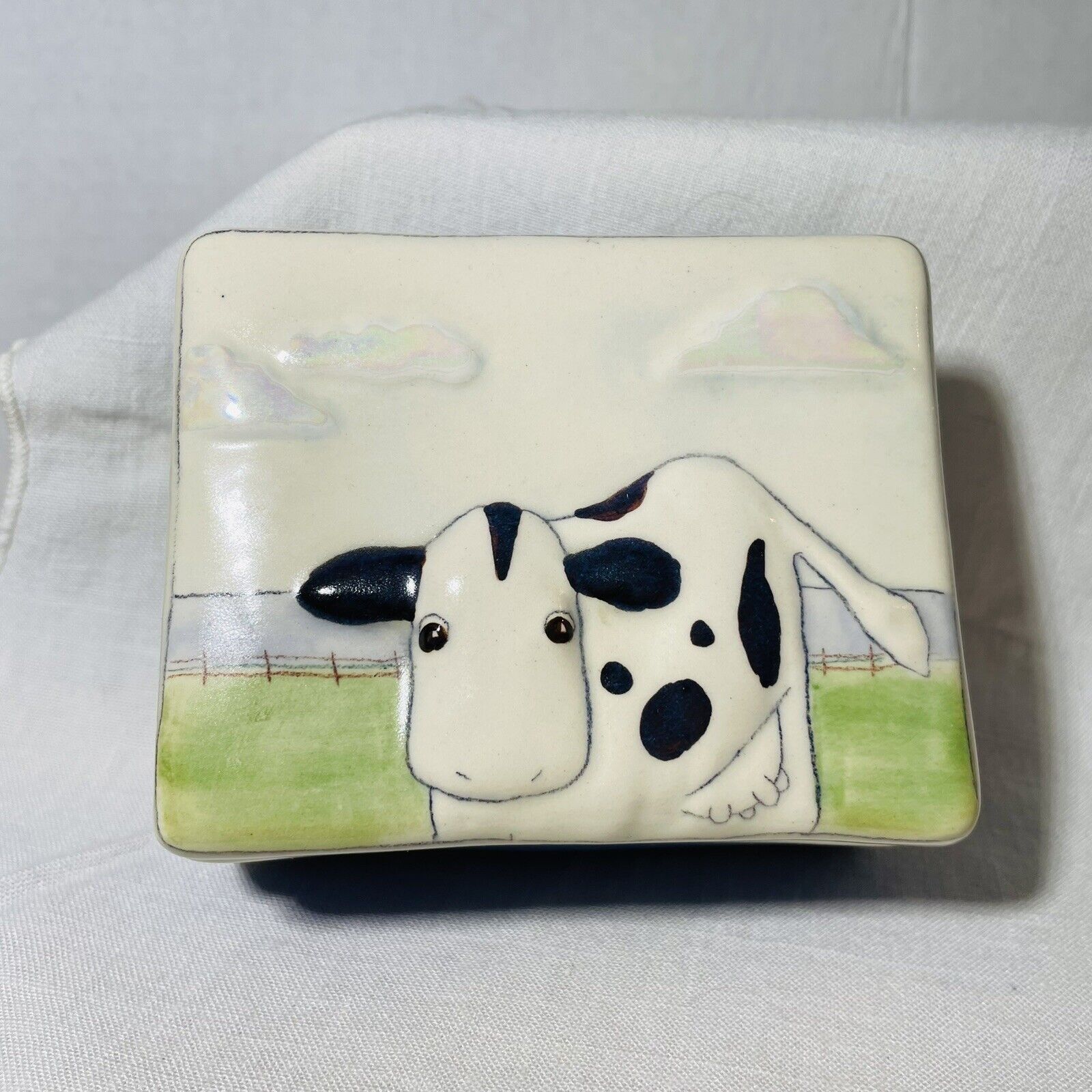Hand Painted Vintage Small Signed Black White Cow Trinket Box Ceramic Farm