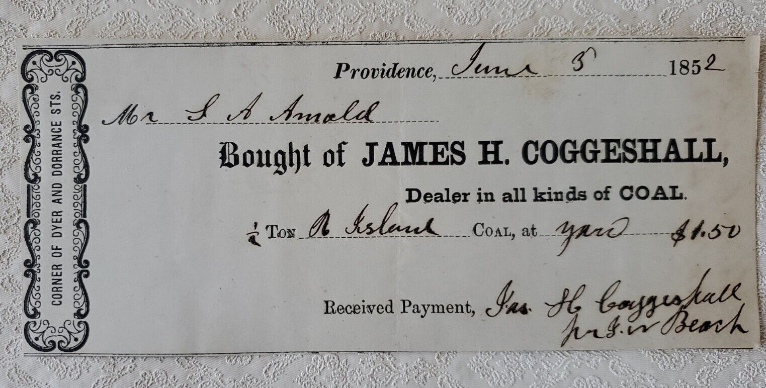 1852 Providence R.I. Receipt for Coal, James Coggeshall
