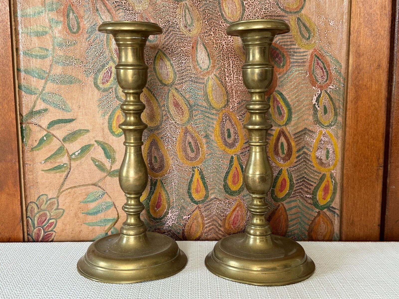 Pair of Antique 19th Century Heavy Solid Brass Candlesticks with Threaded Posts