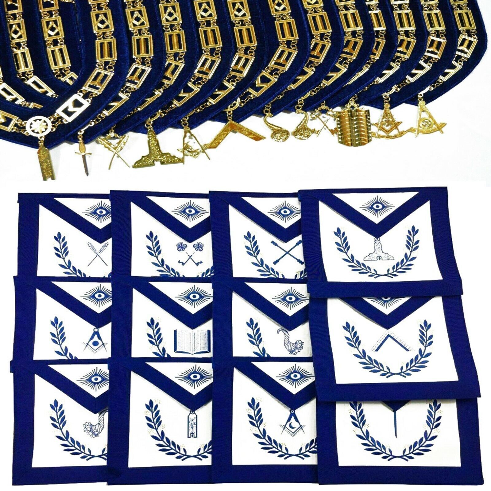 Blue Lodge Masonic Aprons & Chain Collar  With Gold jewels Set of 12
