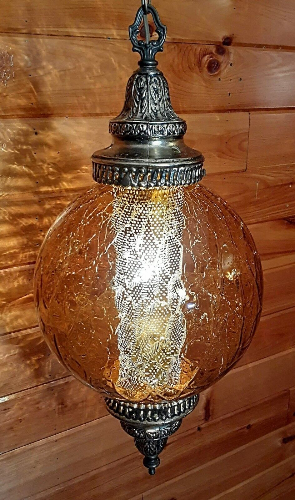 Vtg/Antique 1960's-70's Retro MCM Amber Crackle Glass Hanging Swag Lamp/Light 