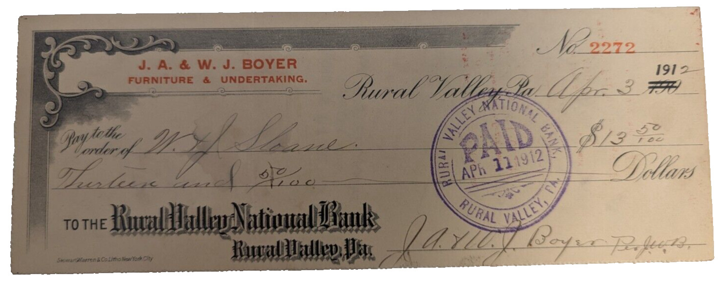 1912 J.A. & W.J. Boyer Furniture Undertaking Rural Valley Pa Bank Cleared Check