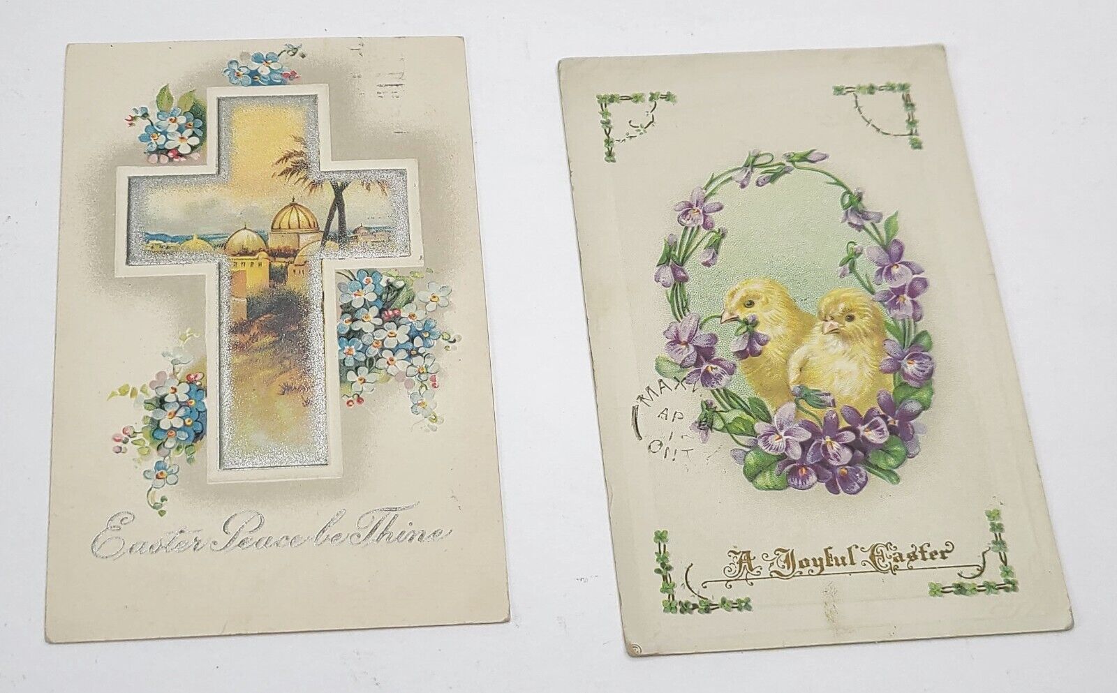 2 Antique Easter Greetings Postcards Cards Ephemera Embossed Chicks Cross Violet