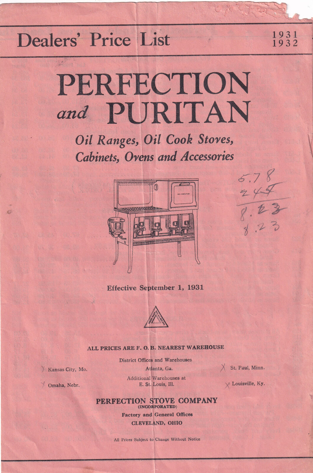 1931-32 Dealer Price List Perfection/Puritan Ranges Stoves Ovens Cleveland OH