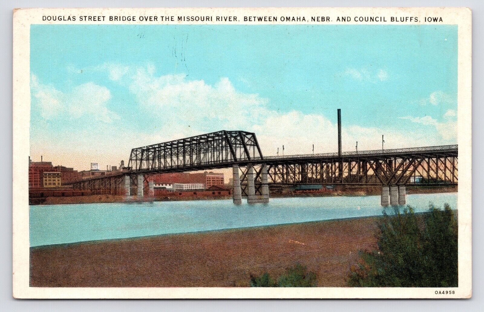 c1920s~Council Bluffs IA~Omaha NB~Douglas Street Bridge~Missouri River~Postcard