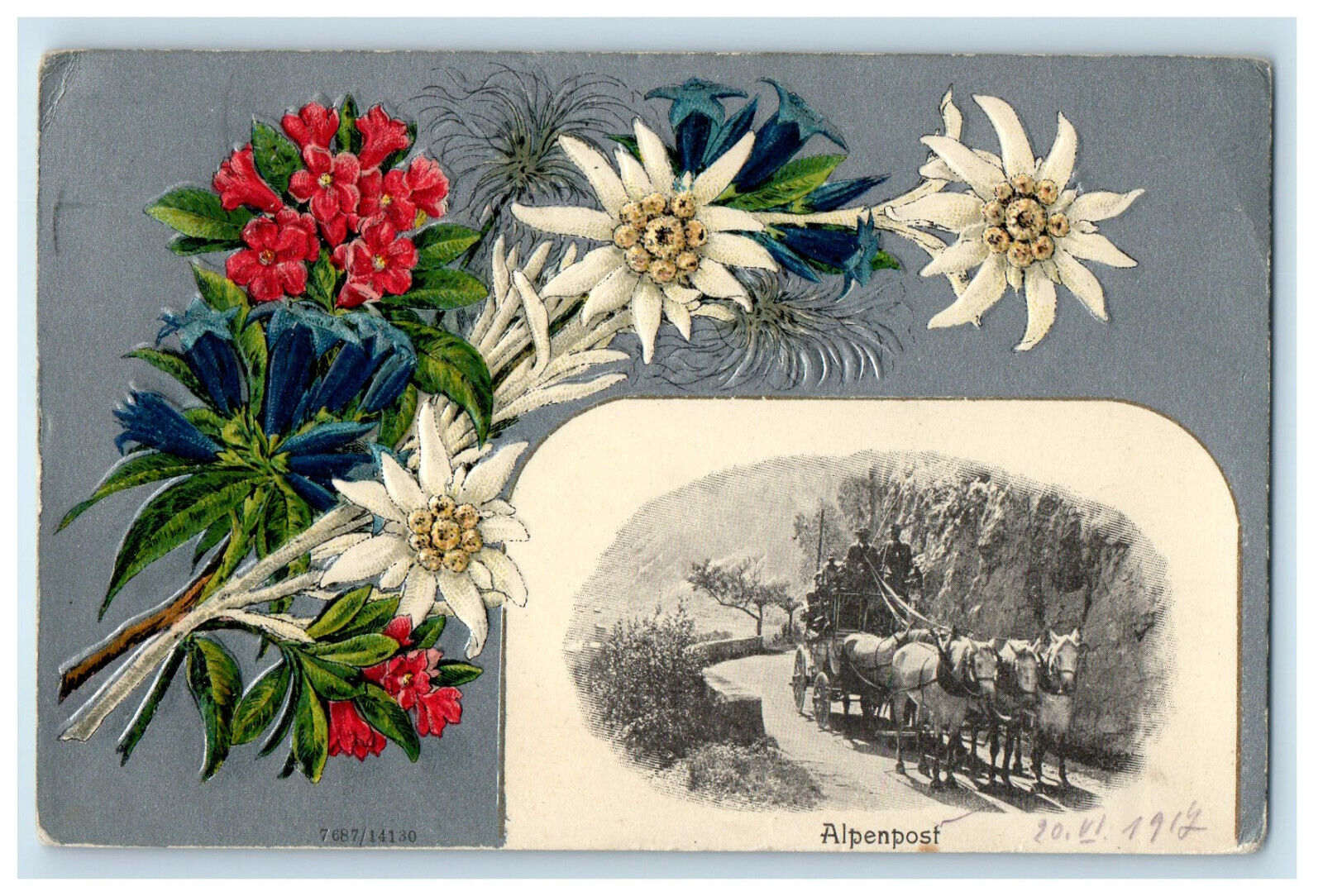 c1910s Alpenpost Flower, Horse Carriage Switzerland Posted Postcard