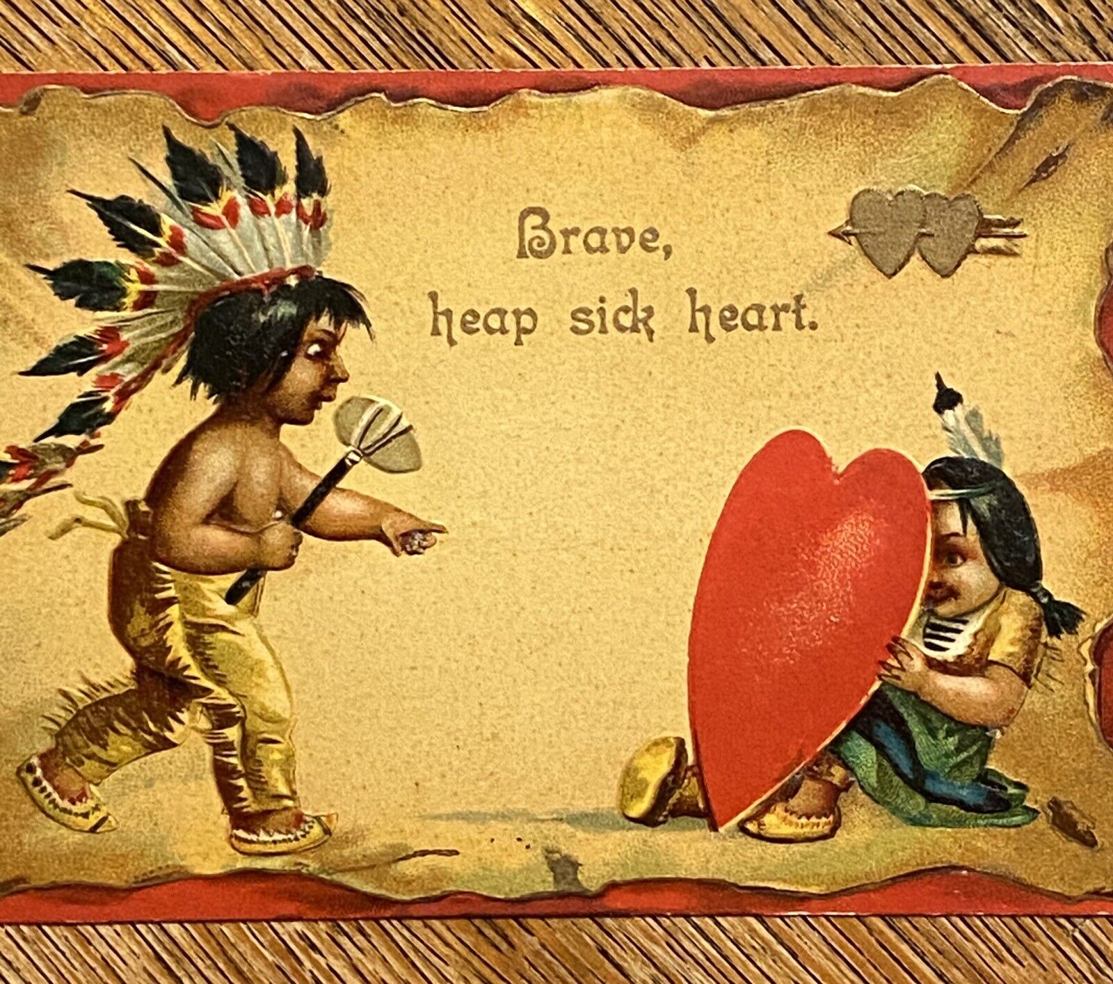 Clapsaddle Native American BOY Finds GIRL Behind HEART Antique Vtg Emb Postcard