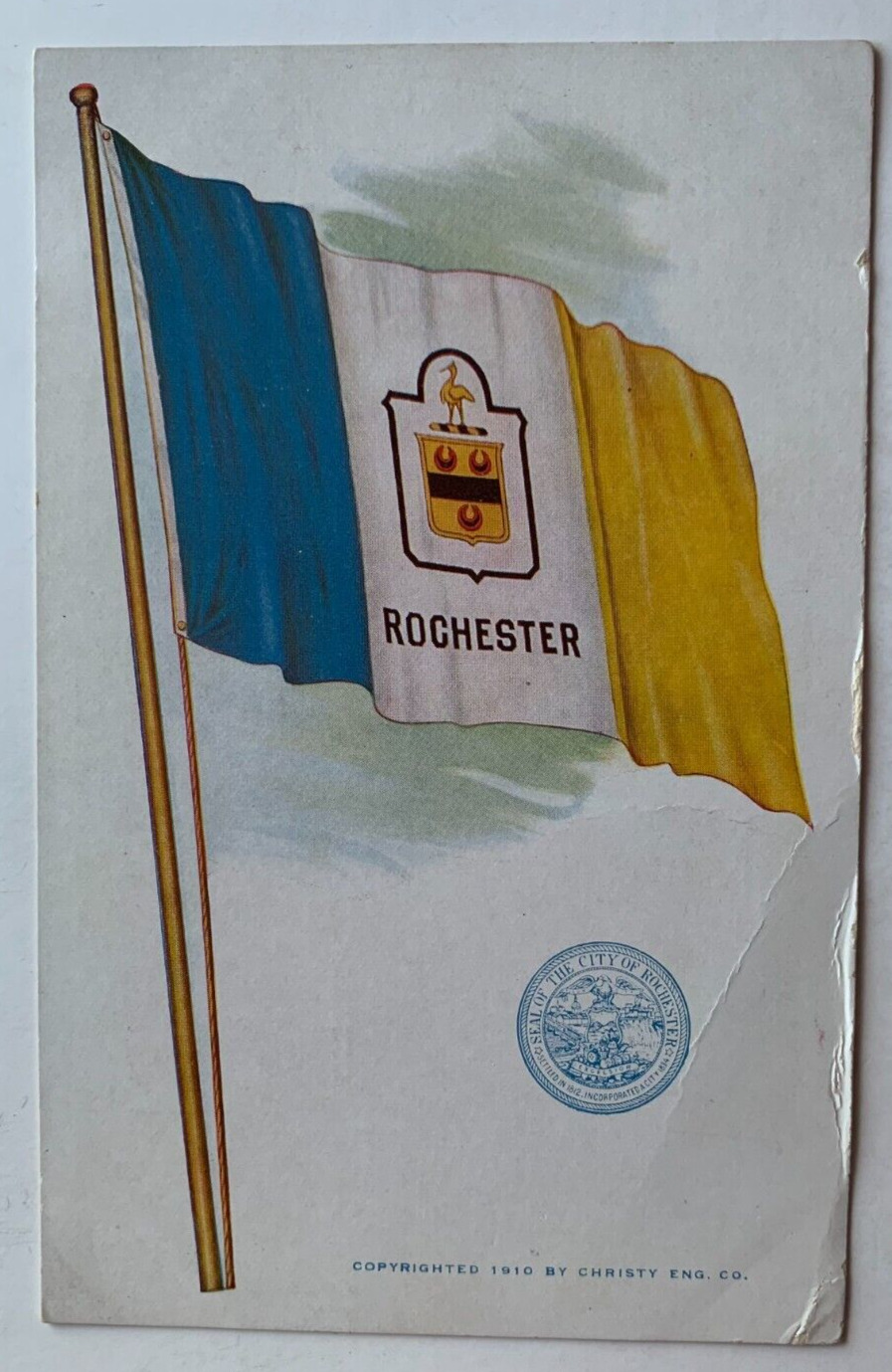 1910 NY Postcard City of Rochester New York flag seal vintage color Christy