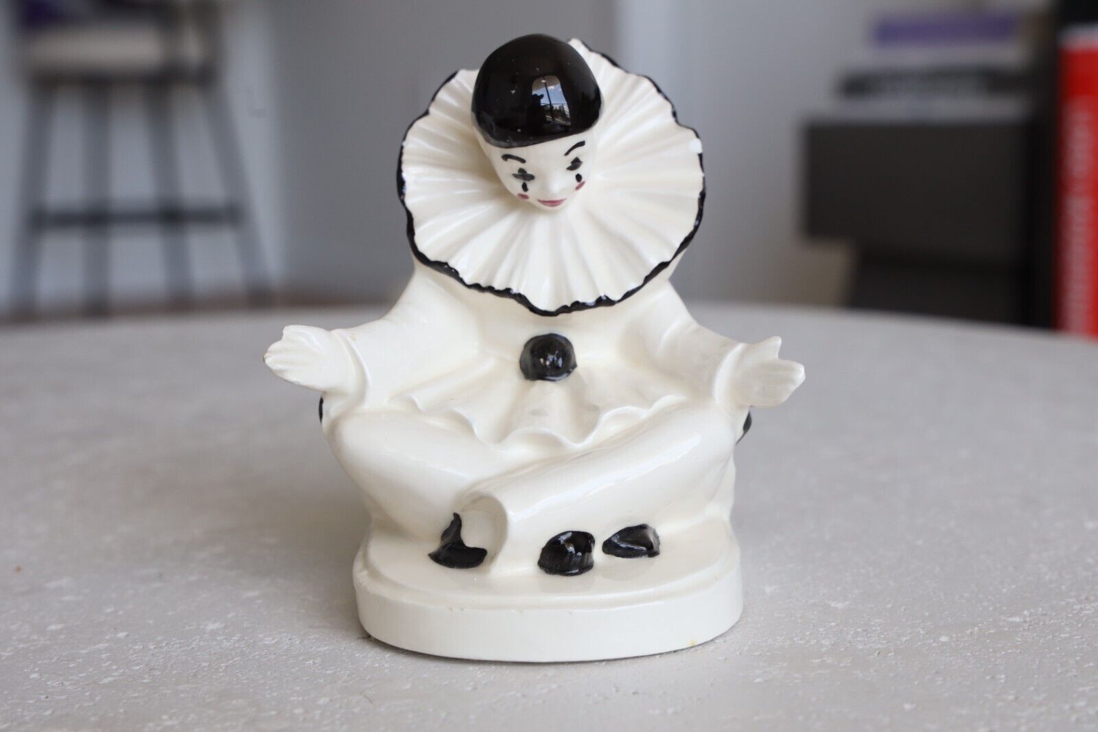 Vintage Sitting Pierrot Clown Harlequin Black White Art Deco Ceramic Figurines