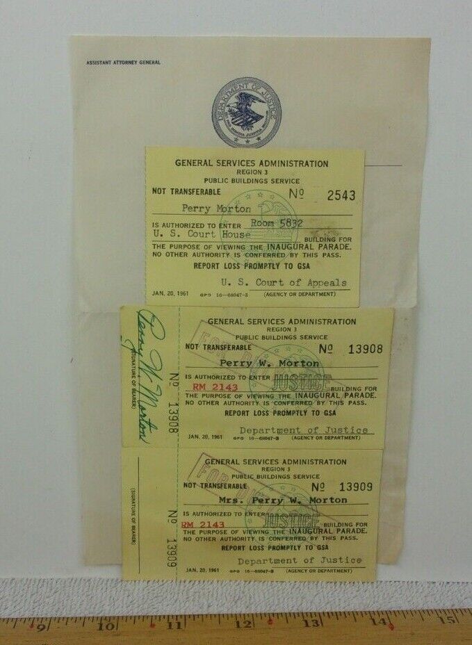 Perry Morton DOJ Attorney General signed 1957 inauguration view tickets ORIGINAL