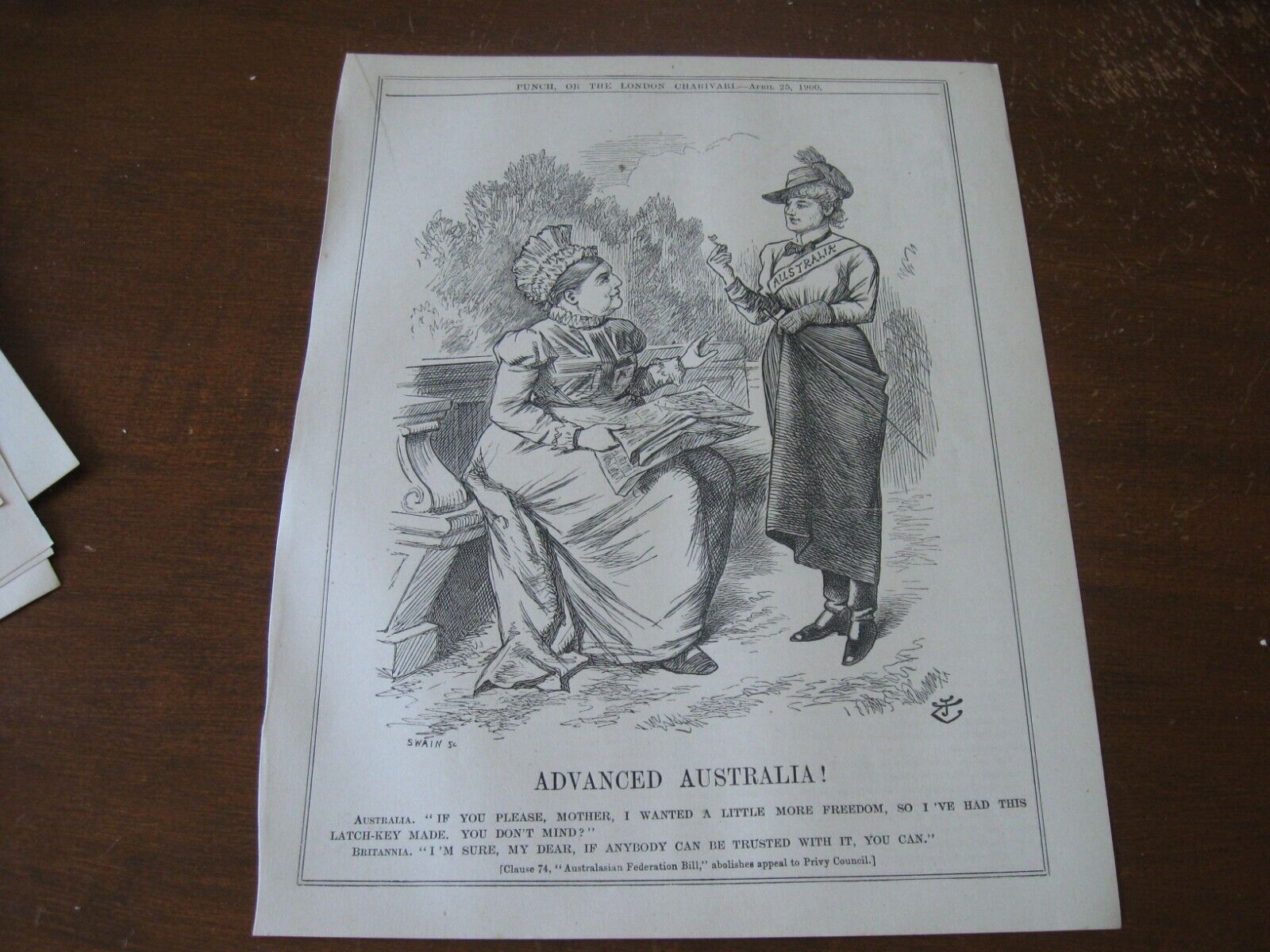 1900 Original POLITICAL CARTOON - MISS AUSTRALIA asks for ABOLISH PRIVY COUNCIL