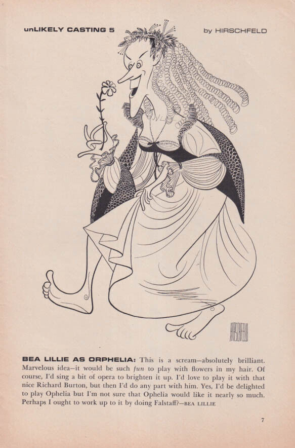unLikely Casting 5 by Al Hirschfeld: Bea Lillie as Ophelia 1964