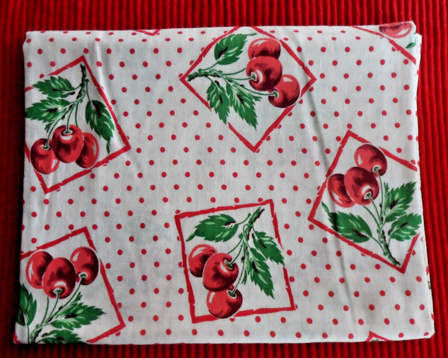 /Vintage Feed Sack Pretty Cherries in Squares on Red Polka Dots     46\