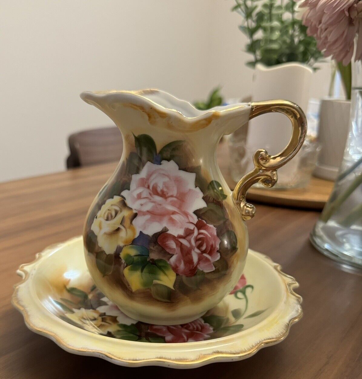 Vintage Enesco Hand-Painted Rose Floral Small Pitcher & Bowl with Gold Trim