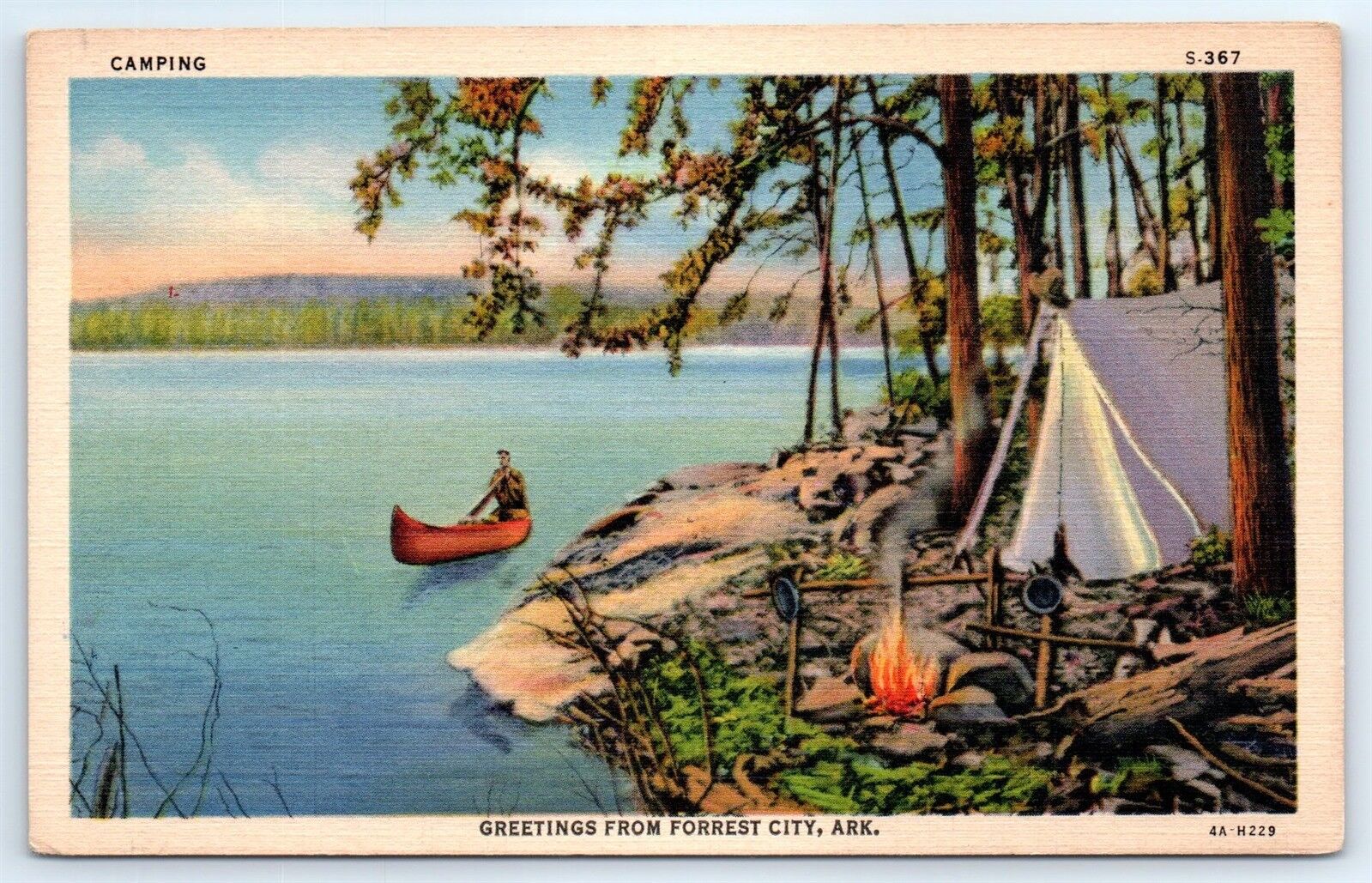 Postcard AR Forrest City Greetings Vtg Linen Camping Canoe F6