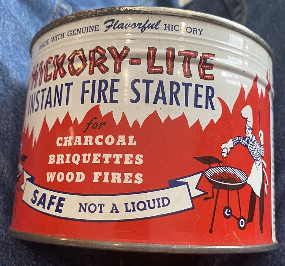 Hickory-Lite Instant Fire Starter tin charcoal Briquettes wood Vintage Key Wind