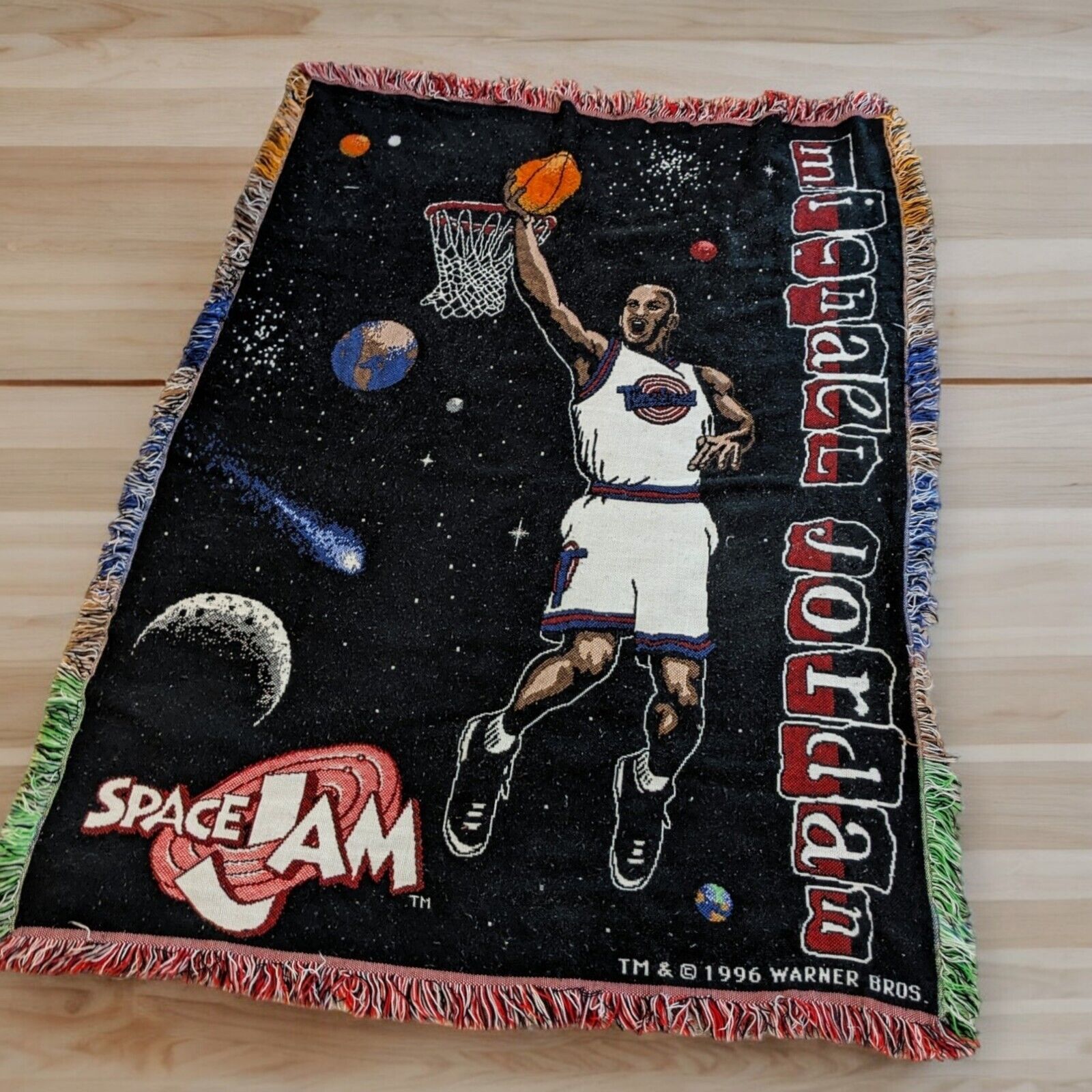 Space Jam Throw 1996 Blanket Trim Tapestry Fringe Movie Michael Jordan Excellent